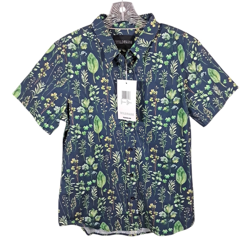 Wildfang The Essential Button-Up Blue Short Sleeve Blouse Size Small Leafy Navy